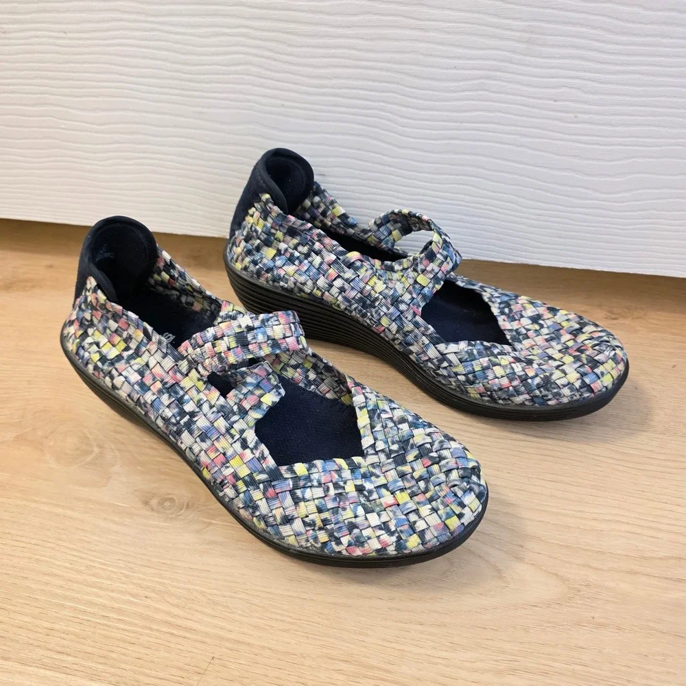 Corky's Fiona Multi Color Black Woven Elastic Comfy Mary Jane Wedge Shoes Size 8